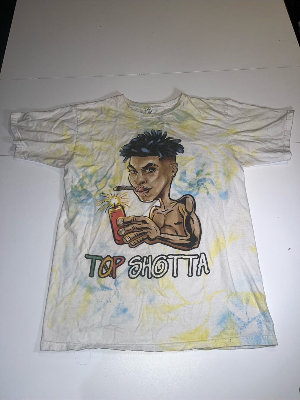 Top Shotta Graphic Short Sleeve Tee - White with Yellow & Blue